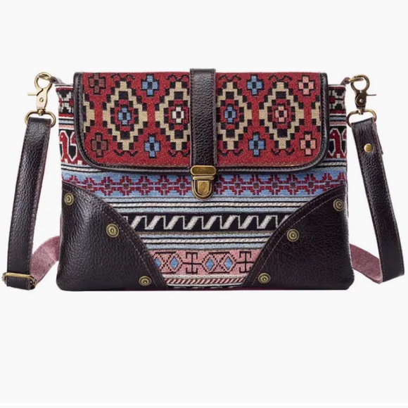Southwestern Aztec Canvas and Leather Shoulder Bag Purse - Picture 1 of 1